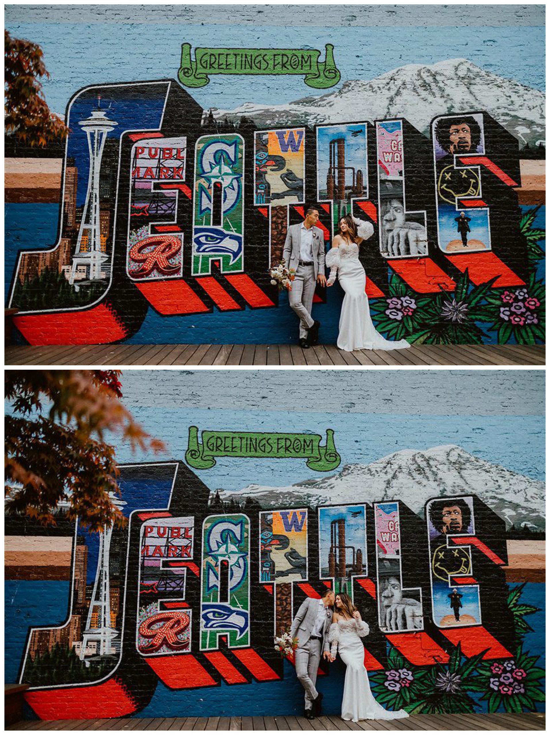 bride and groom standing together downtown seattle graffiti 

