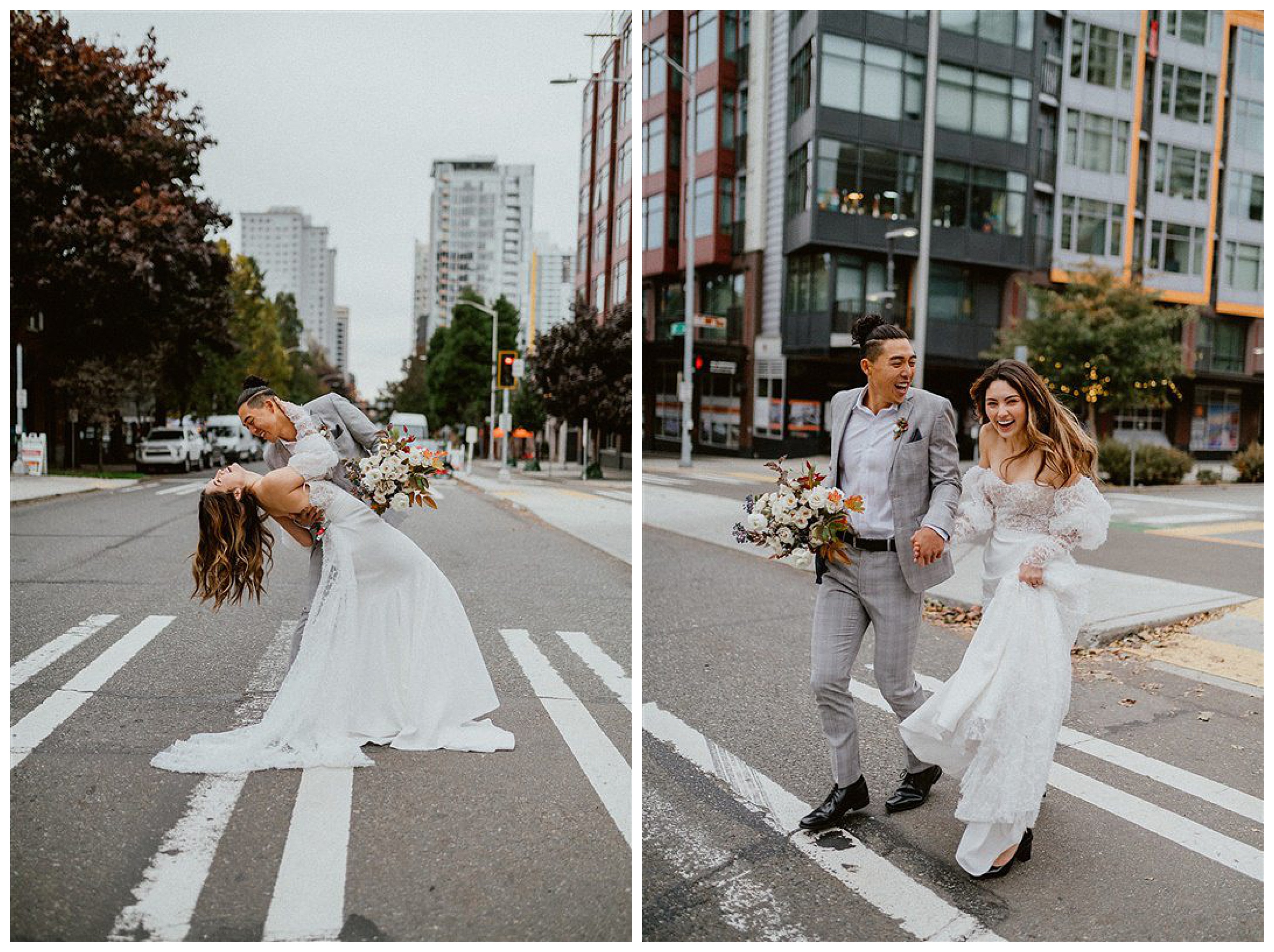 bride and groom walking together downtown seattle 


