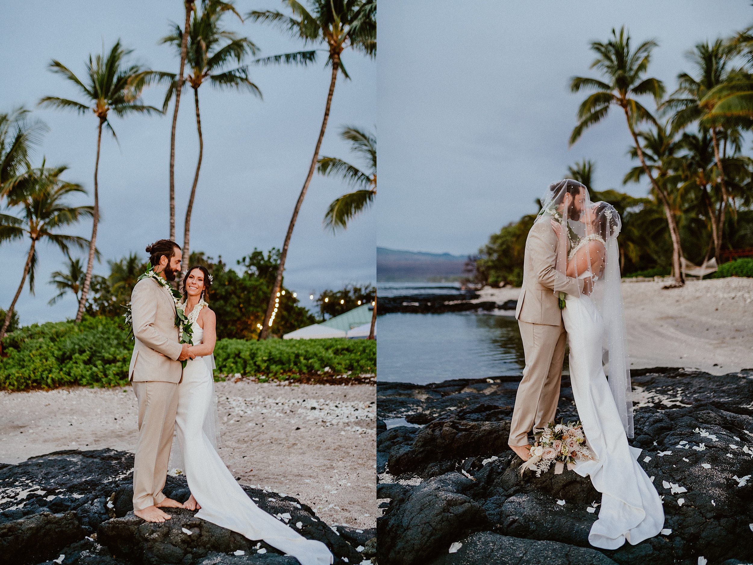 bride and groom kissing puako hawaii landscape

