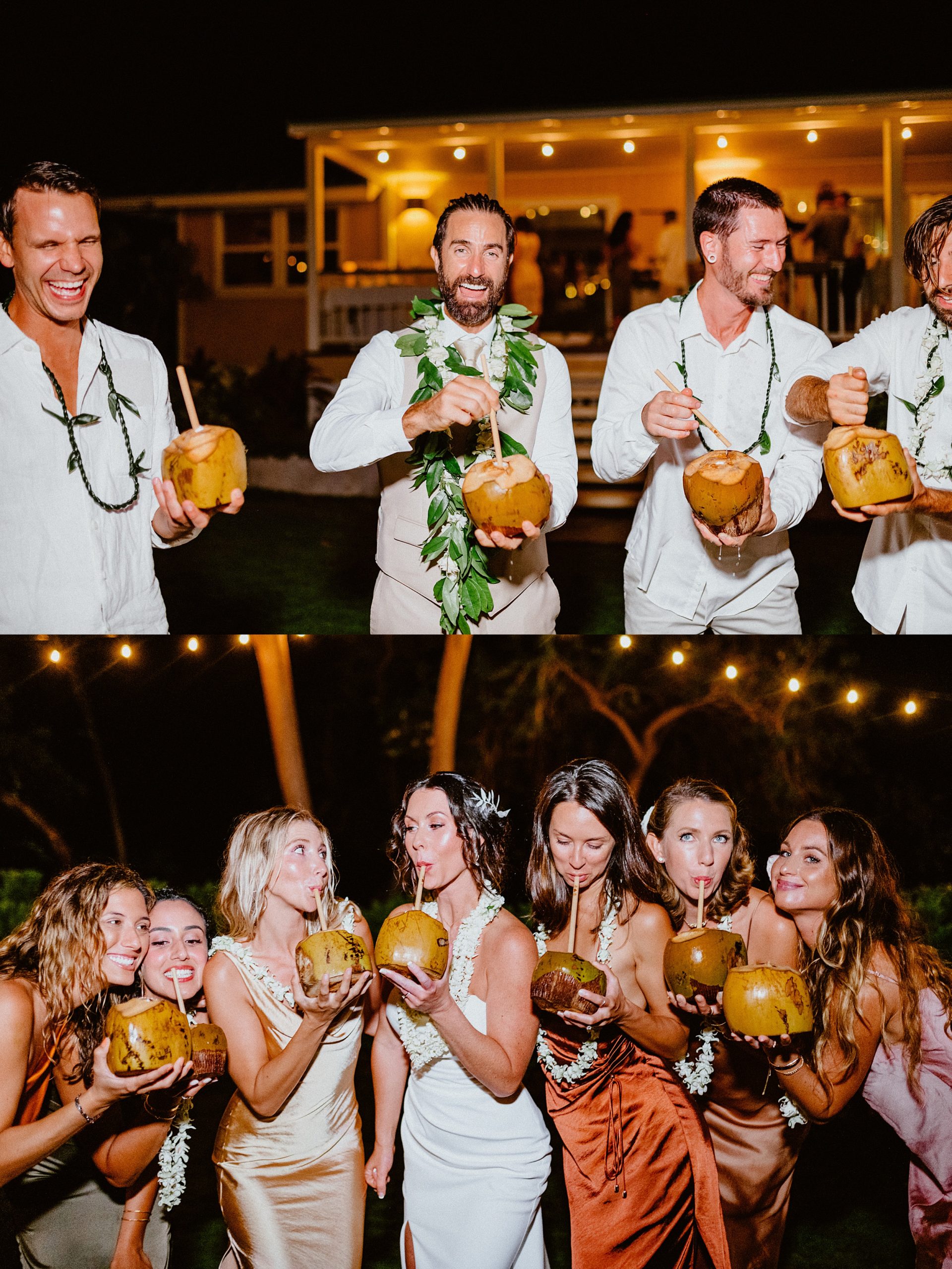 elopement party drinking from coconuts during reception