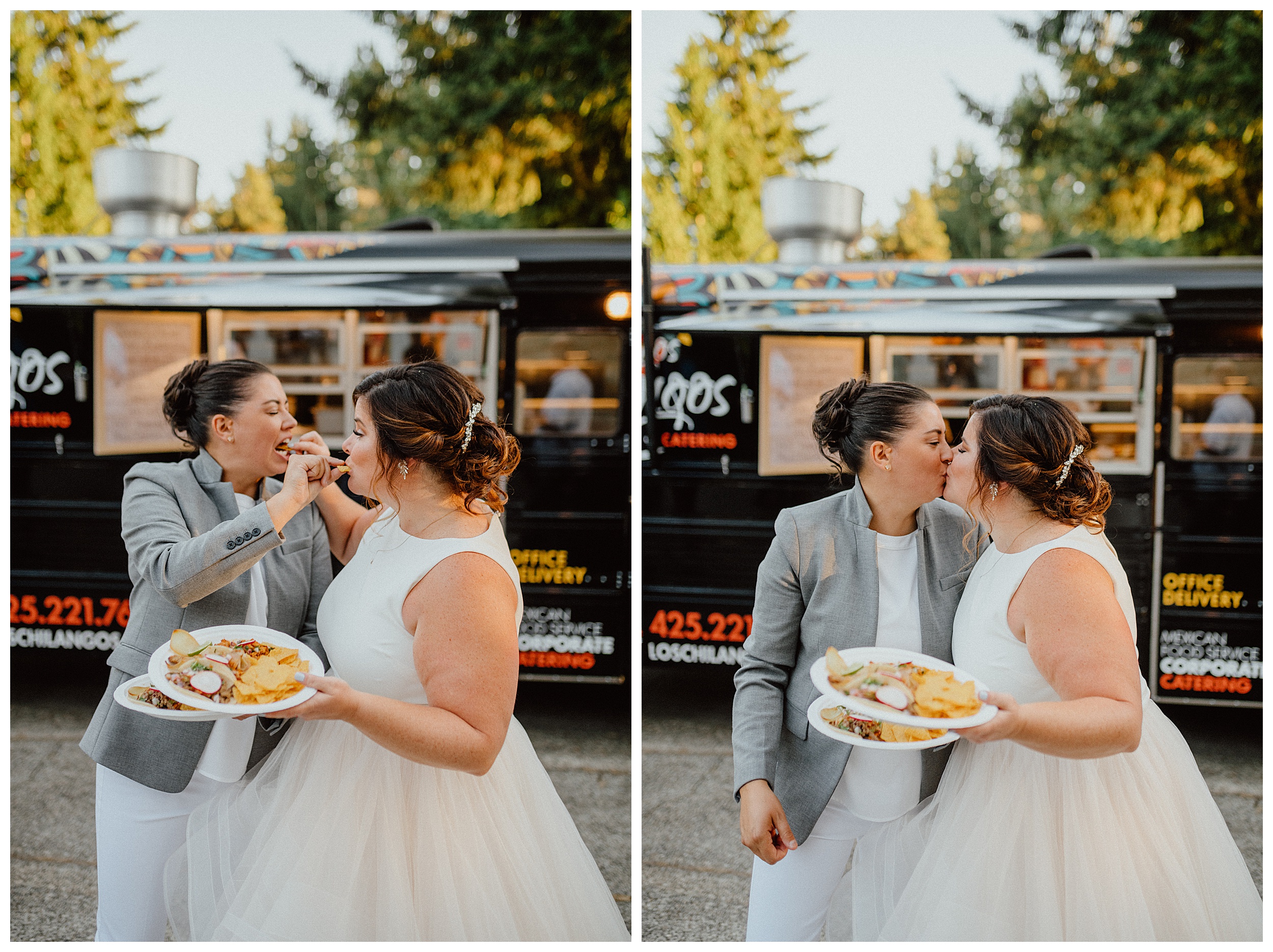 couple eating food outside food truck 