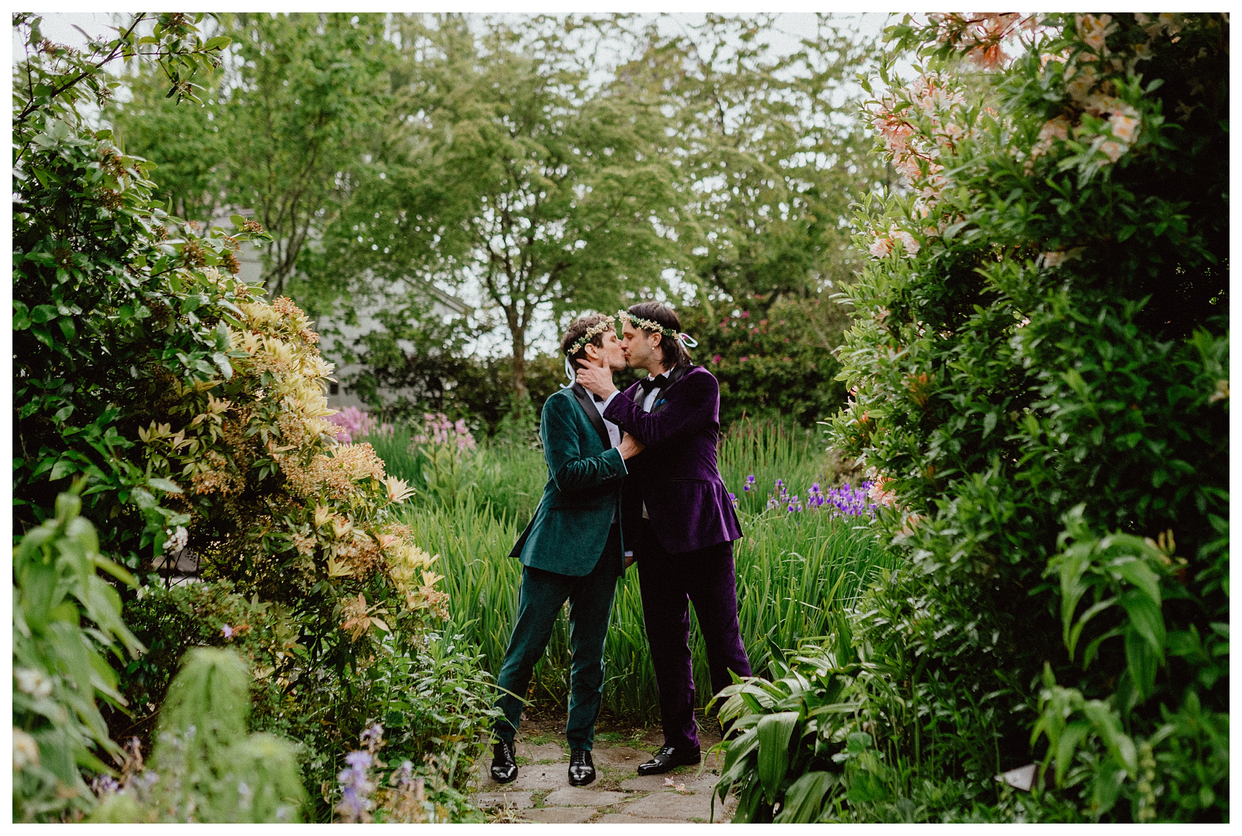 grooms kissing garden vashon island landscape